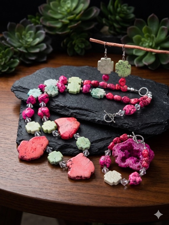 Jewelry - Handmade Western Boho Pink & Green Stone Statement Jewelry Set - 3pc